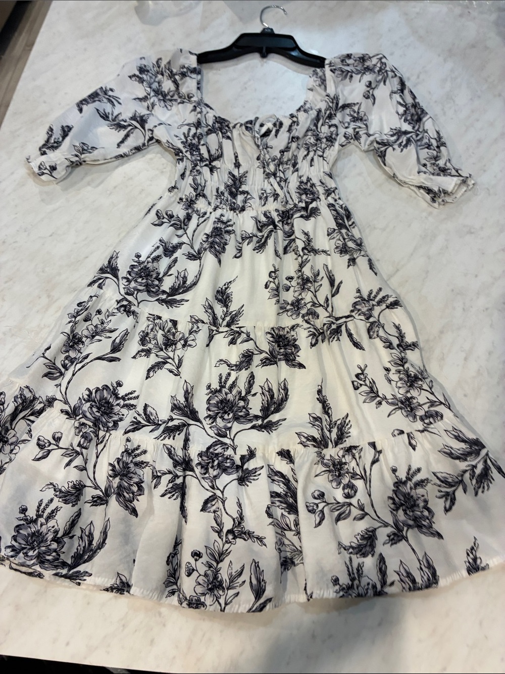 White Floral Tiered Midi Dress - Black Print